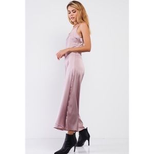 Mauve Satin Sleeveless Soft V-Neck Slip Midi Dress